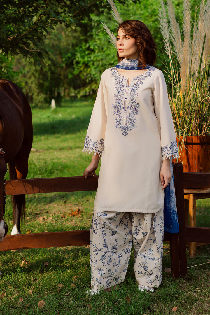 Porcelein 3Pc - Embroidered Khaddar Dress