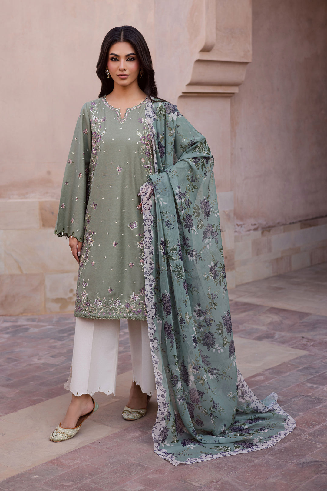 Sage Flower 3Pc - Embroidered Karandi Dress