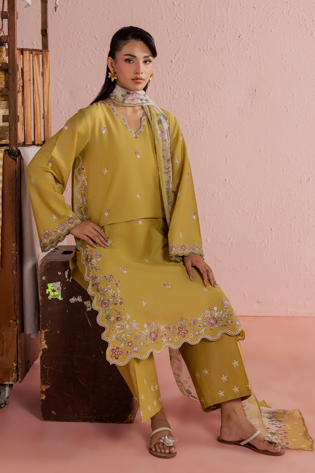 Lime Pop 3Pc - Embroidered Lawn Dress