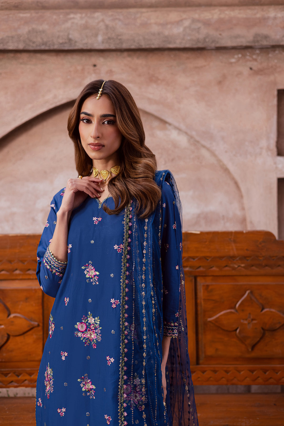 Navy Pink 3Pc - Festive Embroidered Lawn