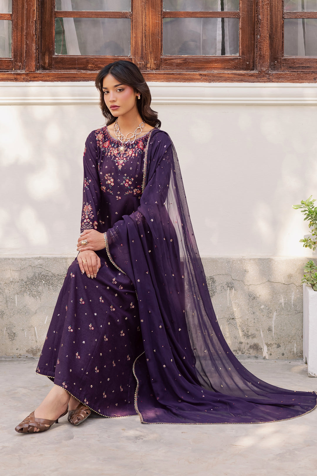 Purple Berry 3Pc - Embroidered Karandi Dress