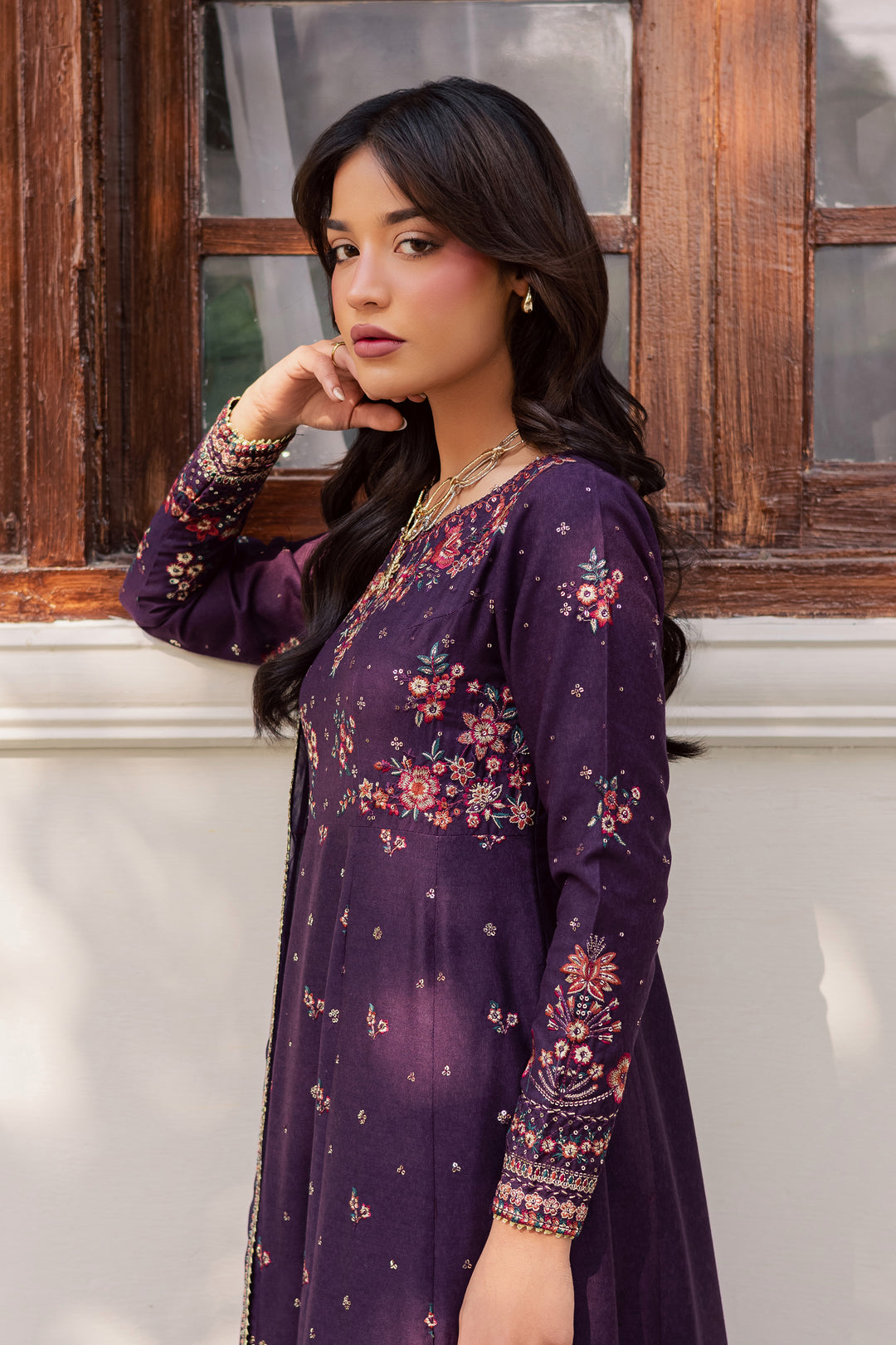 Purple Berry 3Pc - Embroidered Karandi Dress