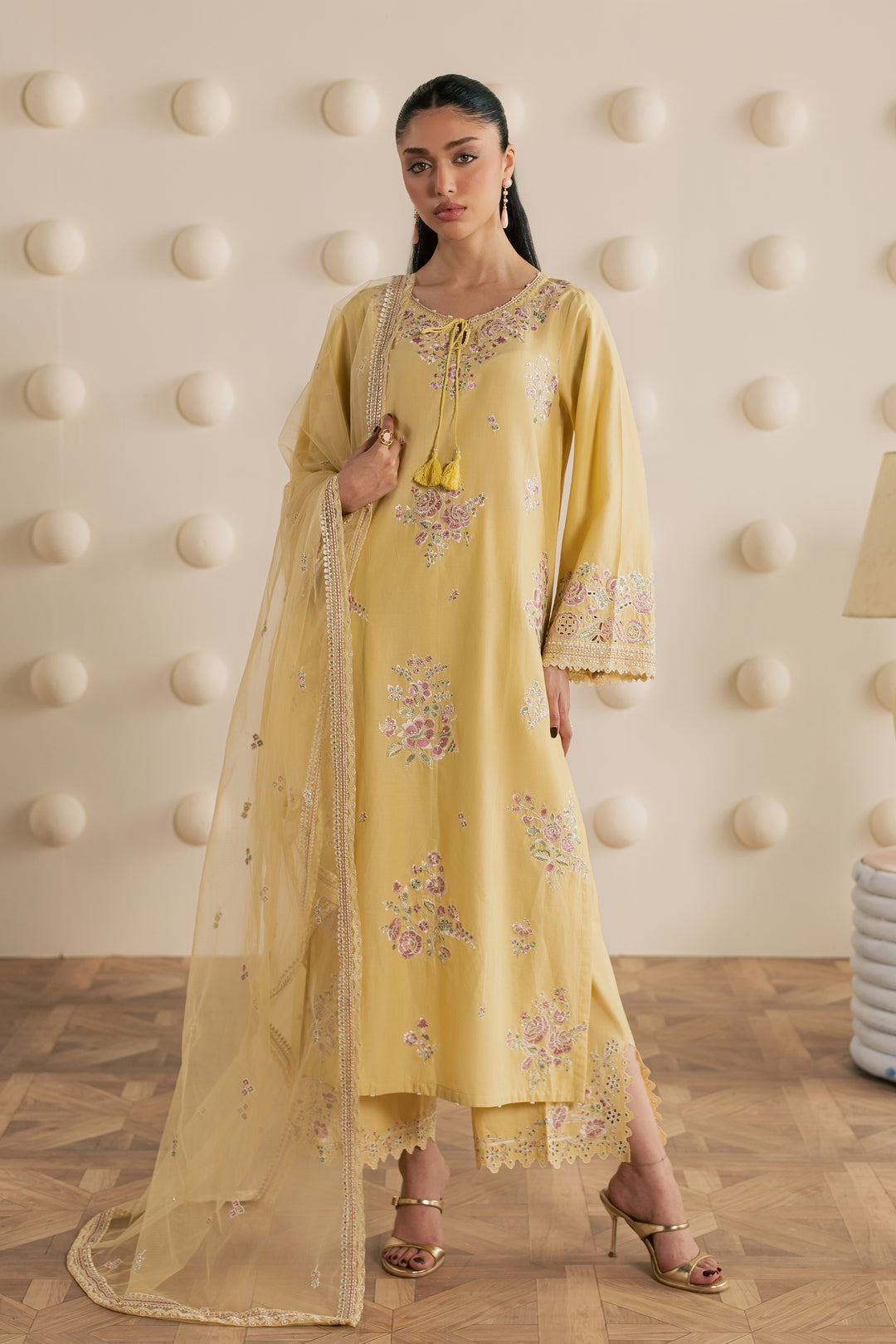 Yellow Adina 3Pc - Embroidered Cambric Pret