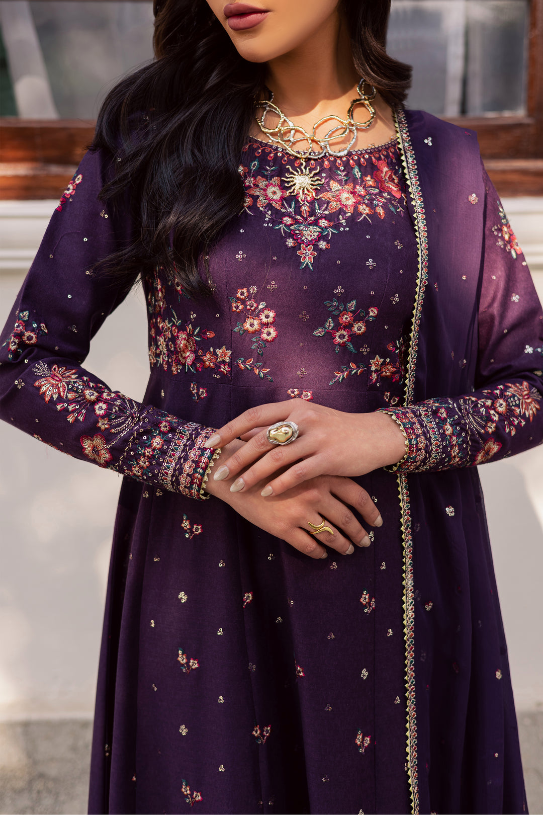 Purple Berry 3Pc - Embroidered Karandi Dress