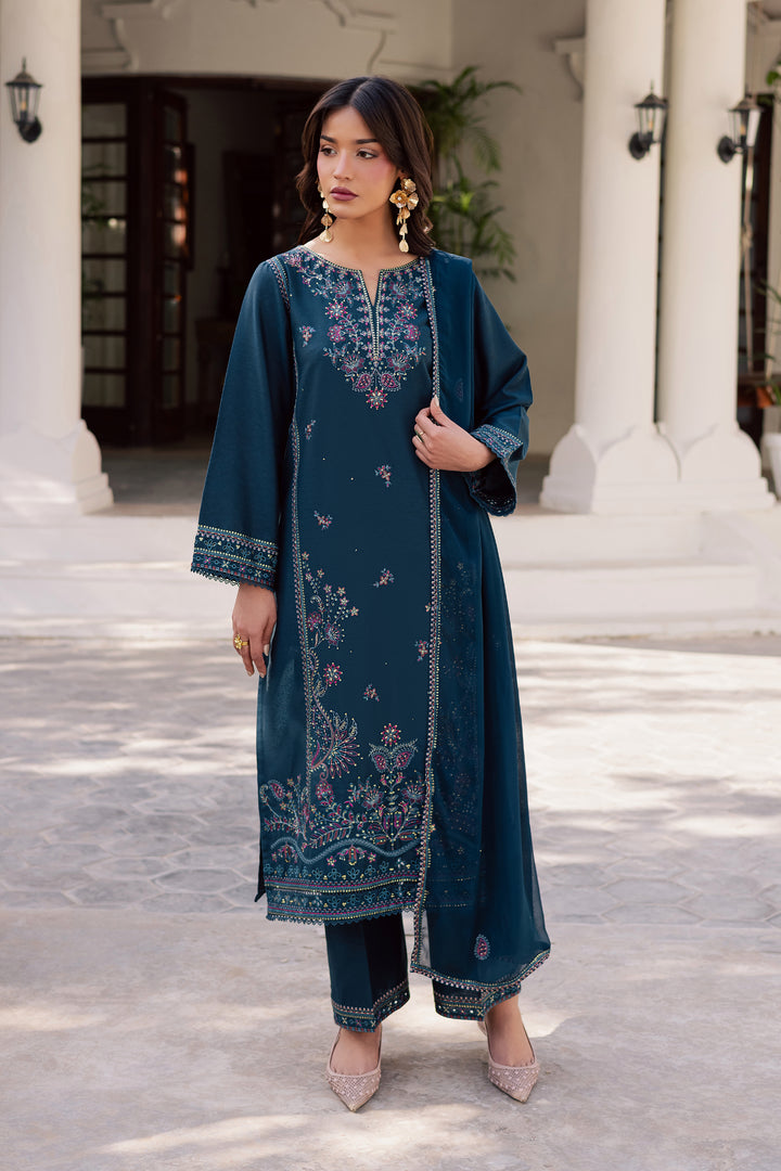 Dark Aqua 3Pc - Embroidered Karandi Dress