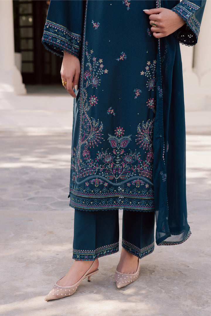 Dark Aqua 3Pc - Embroidered Karandi Dress