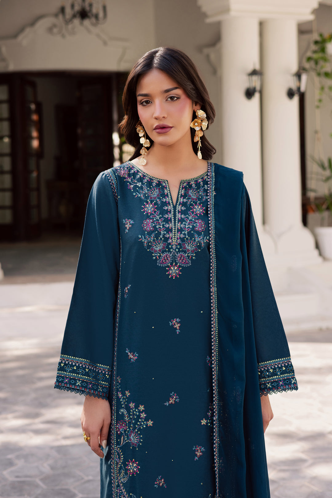 Dark Aqua 3Pc - Embroidered Karandi Dress