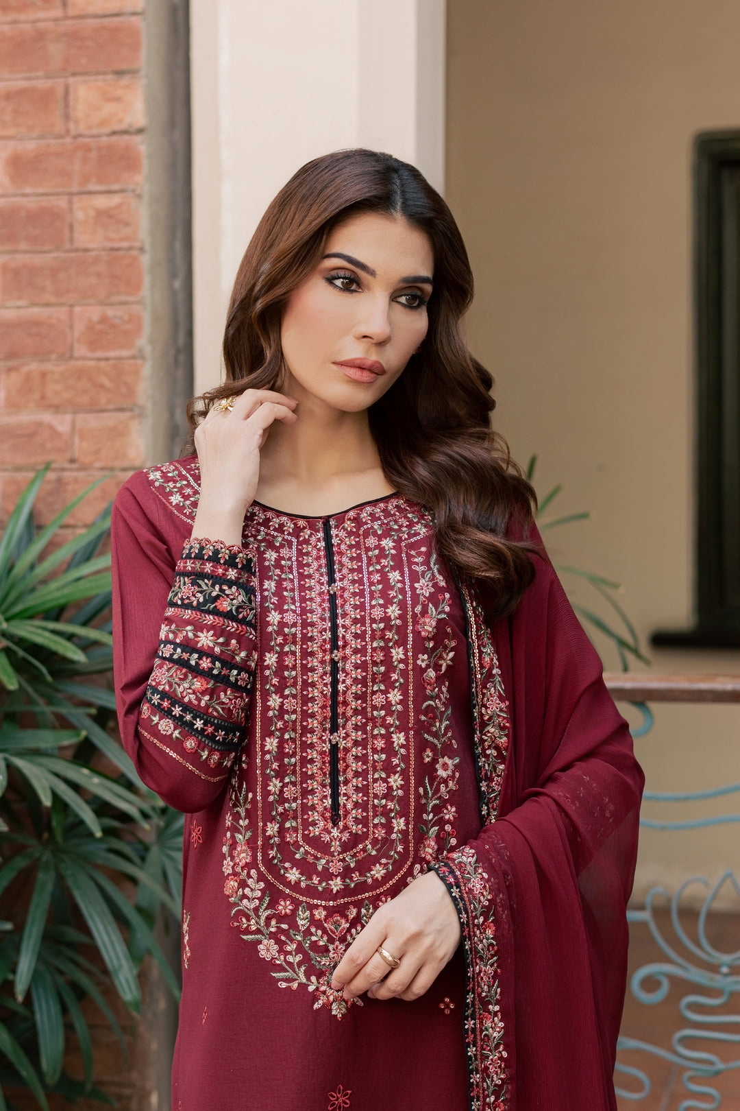 Maroon Nihal 3Pc - Embroidered Khaddar Pret