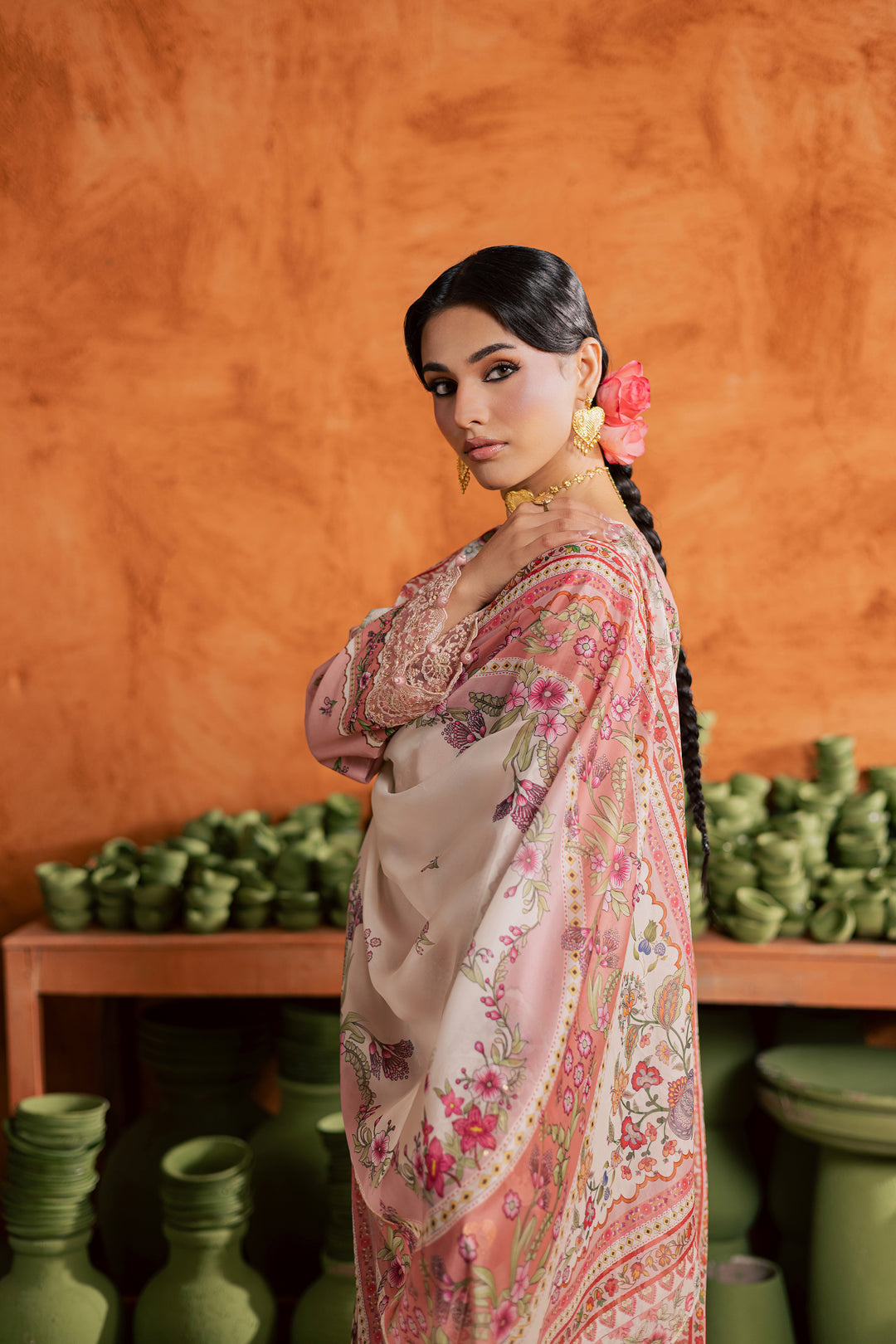 Dusty Peach 3Pc - Printed Lawn Dress
