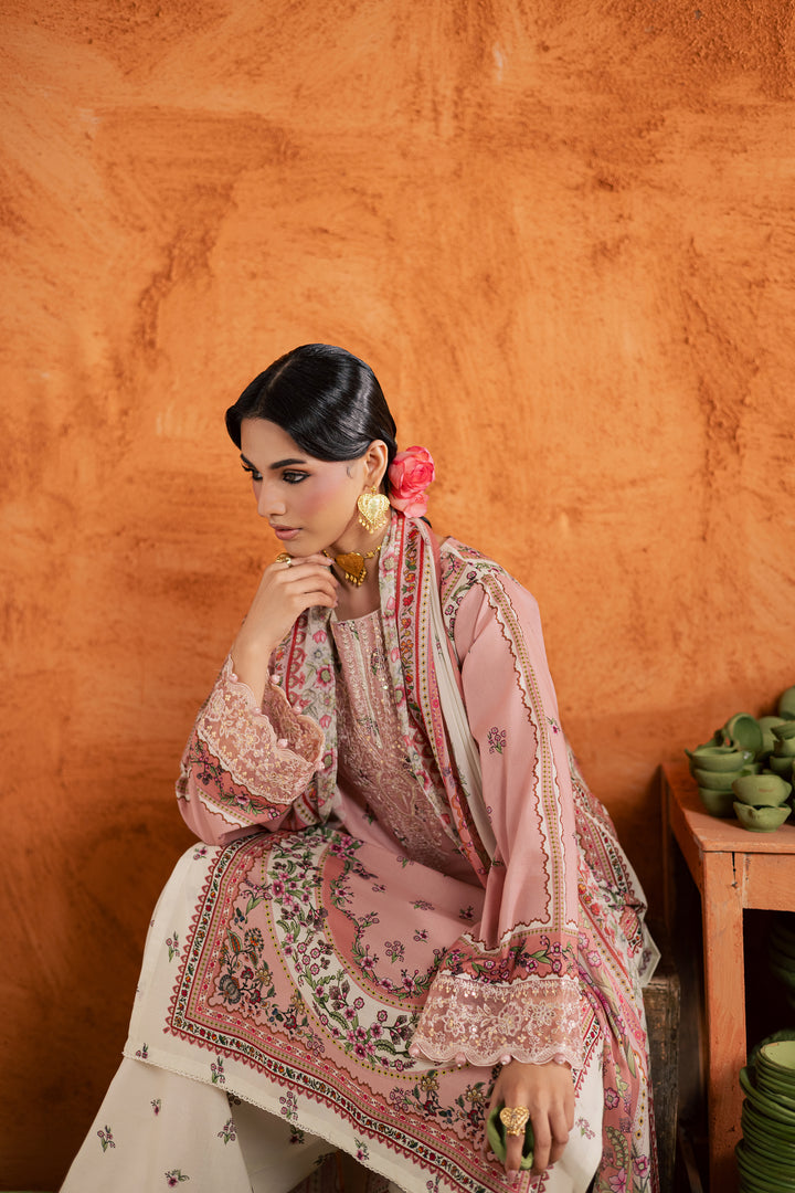 Dusty Peach 3Pc - Printed Lawn Dress