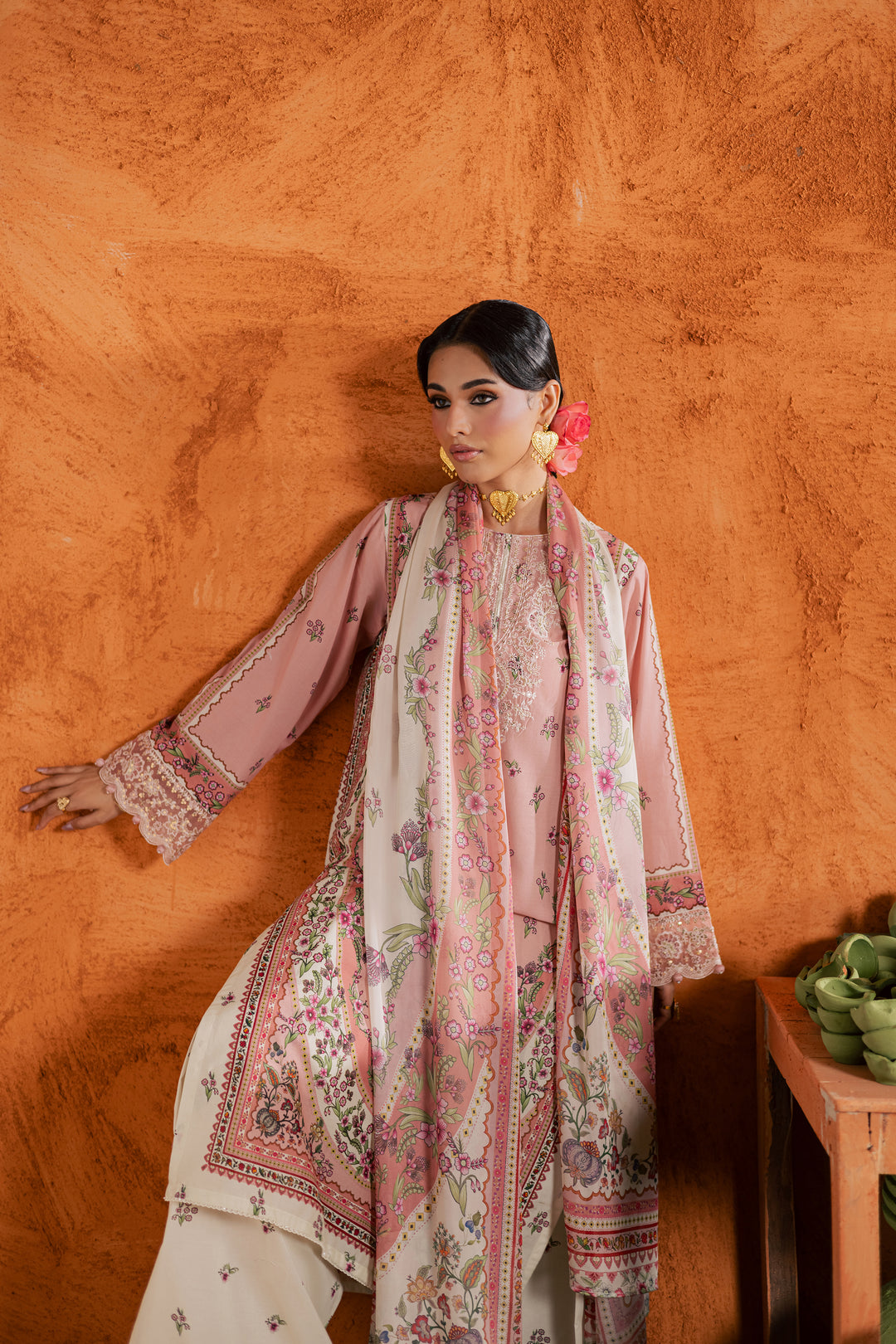 Dusty Peach 3Pc - Printed Lawn Dress