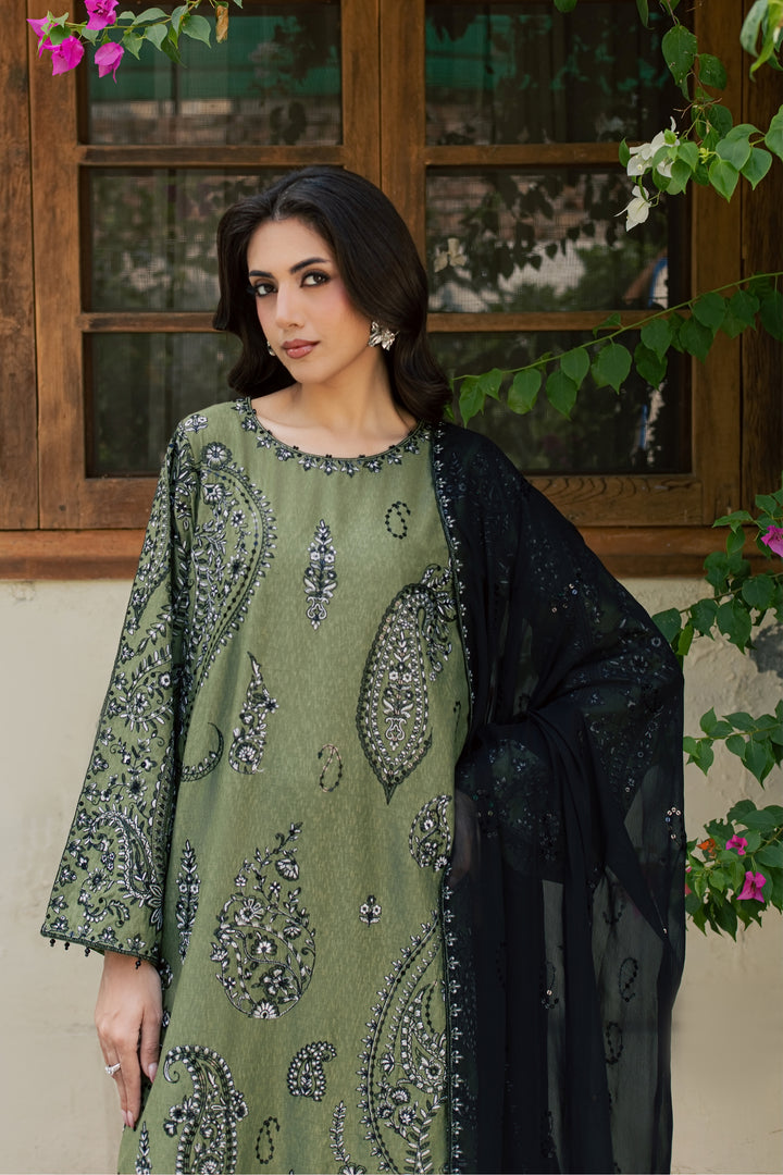Marwa 3Pc - Embroidered Karandi Pret