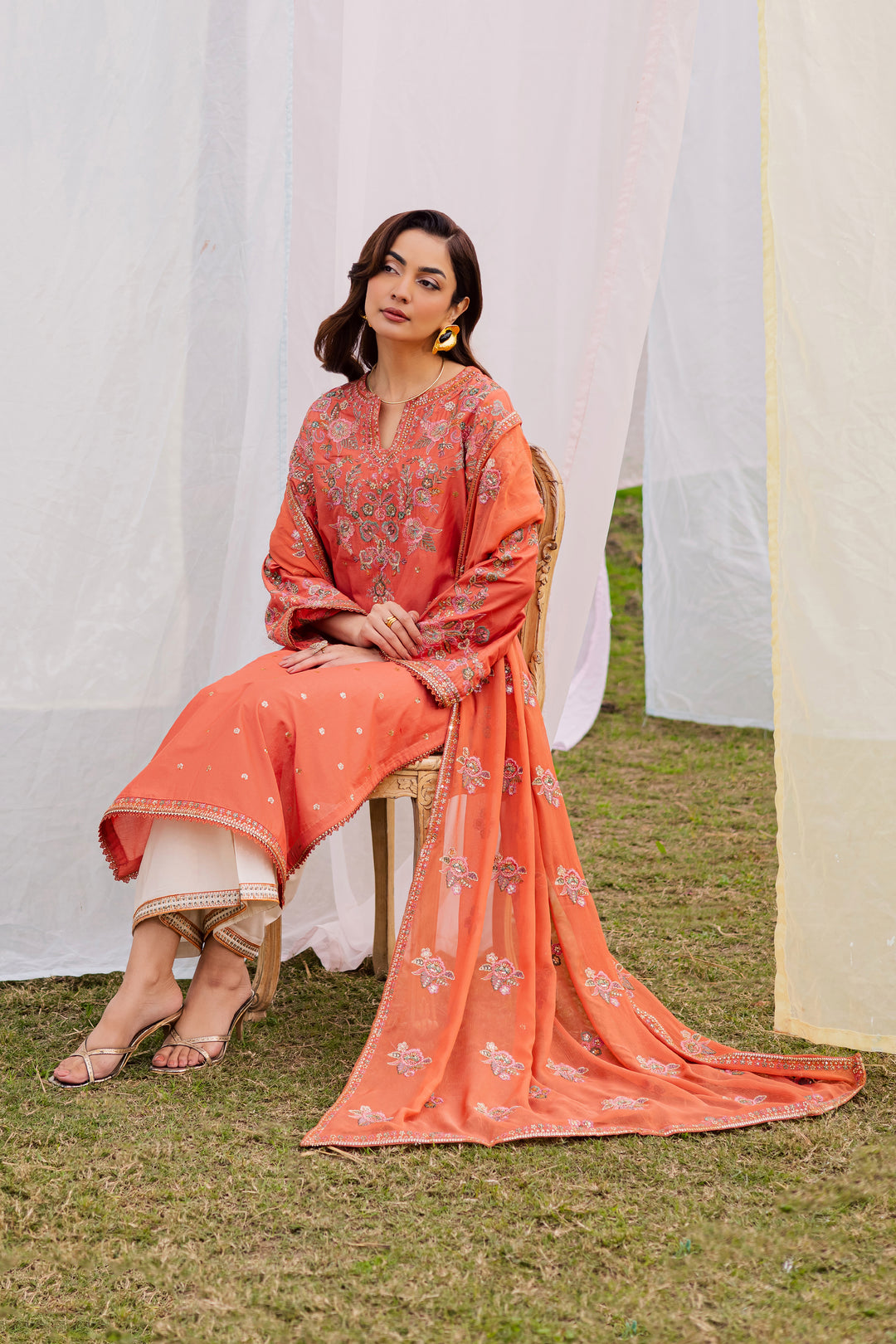 Burnt Orange 3Pc - Festive Embroidered Lawn