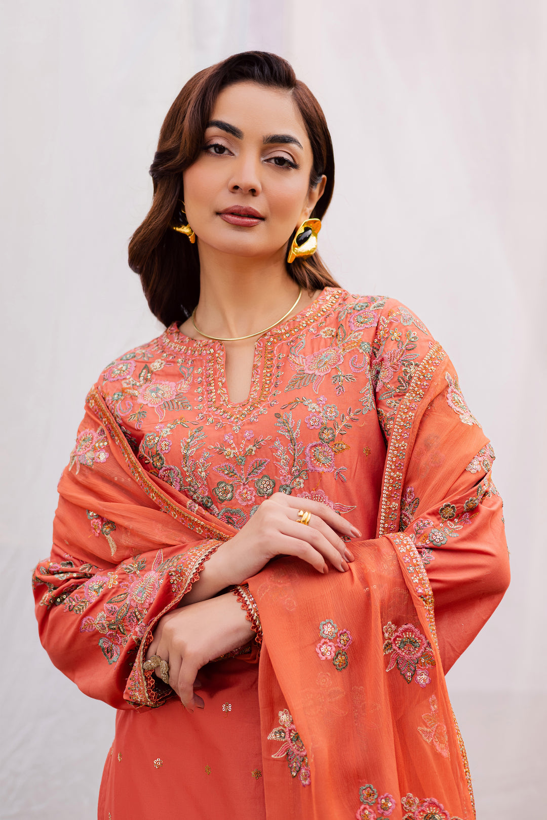 Burnt Orange 3Pc - Festive Embroidered Lawn