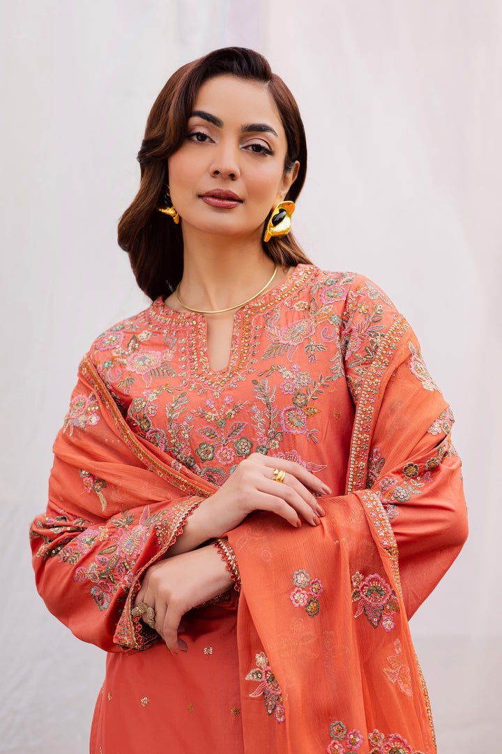 Burnt Orange 3Pc - Festive Embroidered Lawn