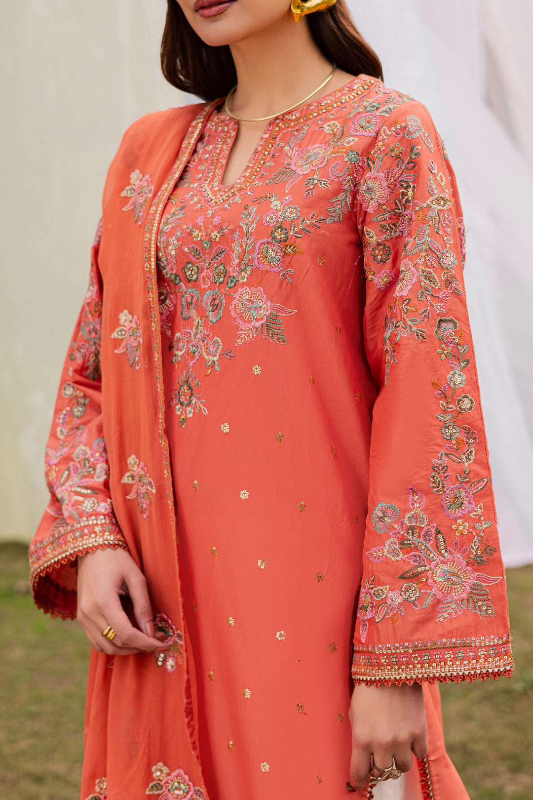 Burnt Orange 3Pc - Festive Embroidered Lawn