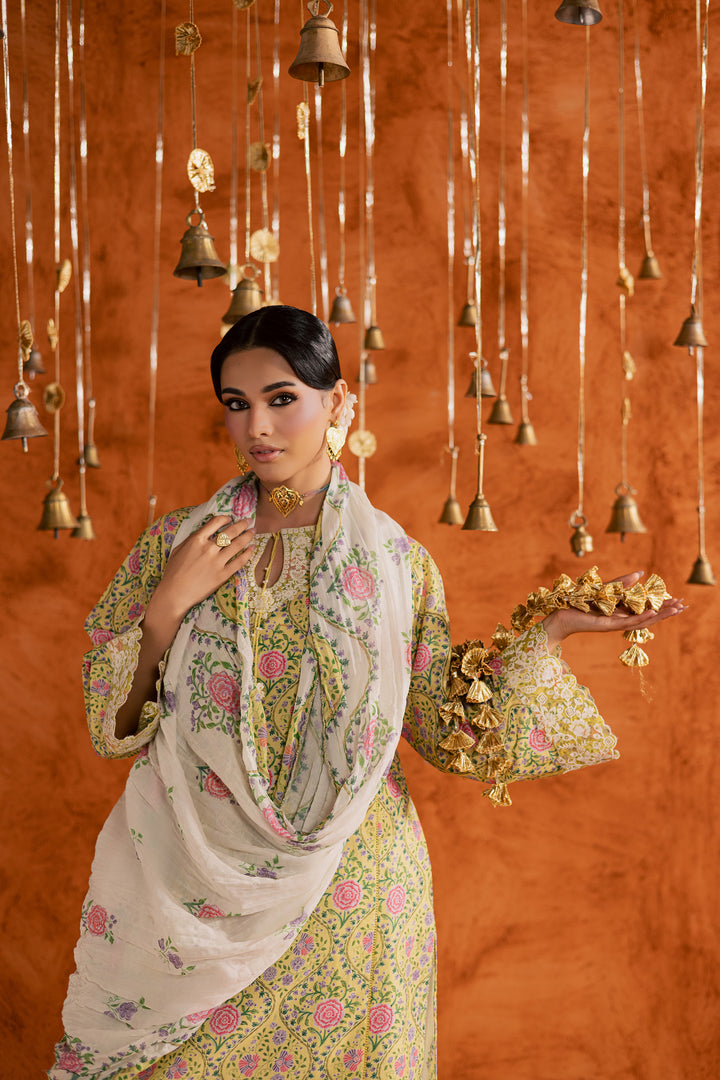 Yellow Minsa 3pc - Printed Lawn Dress