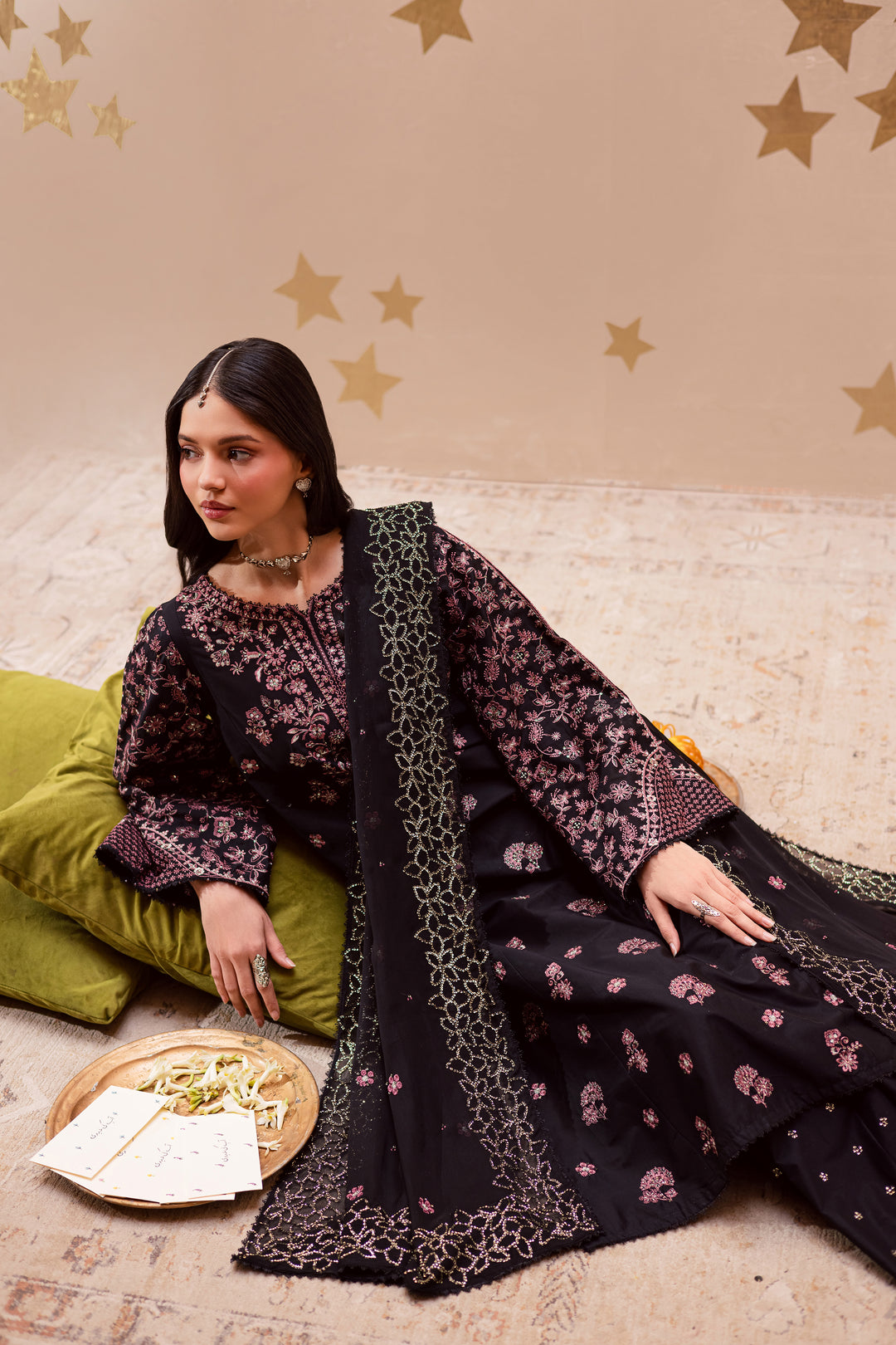 Black Sakura 3Pc - Festive Embroidered Lawn