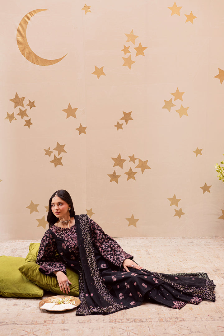 Black Sakura 3Pc - Festive Embroidered Lawn