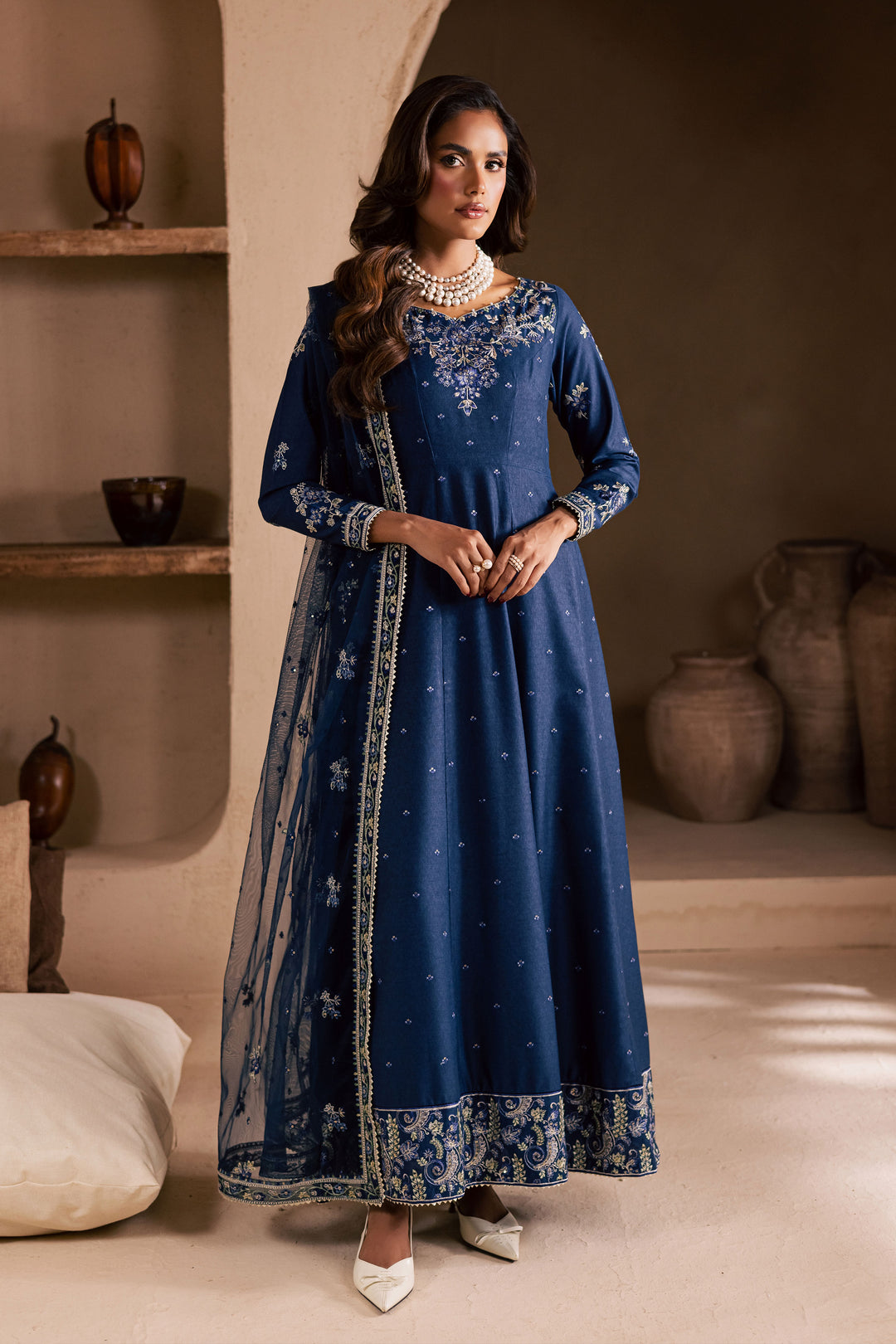 Blue Wester 3Pc - Embroidered Karandi Dress BATIK - AE Blue Wester 3Pc - Embroidered Karandi Dress BATIK - AE